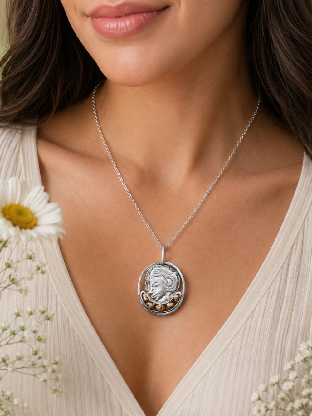 Large Handcrafted Mother Madonna Pendant Sterling Silver , No Chain